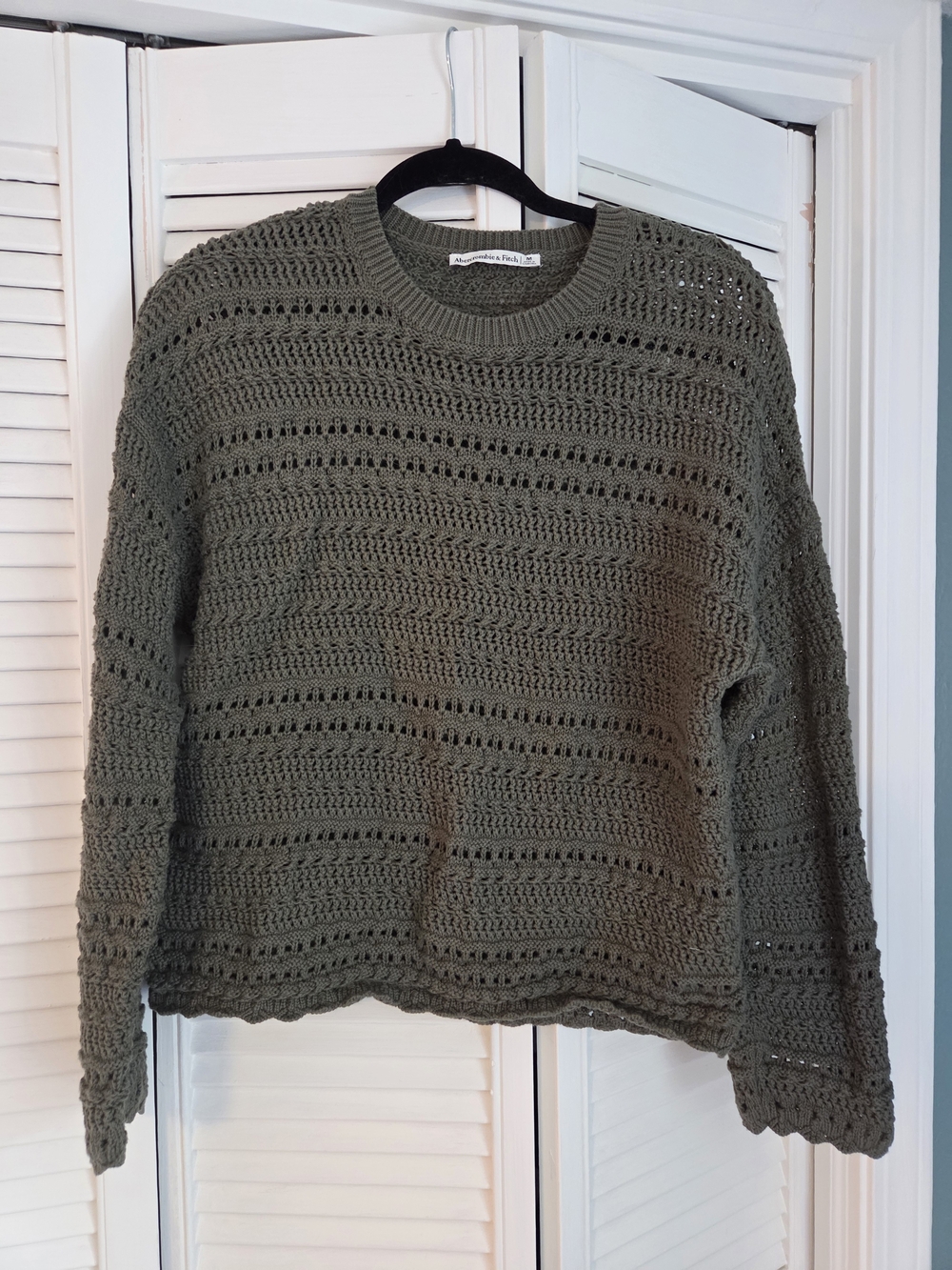 Abercrombie & Fitch Open Stitch Textural Crew, Olive Gray, Medium